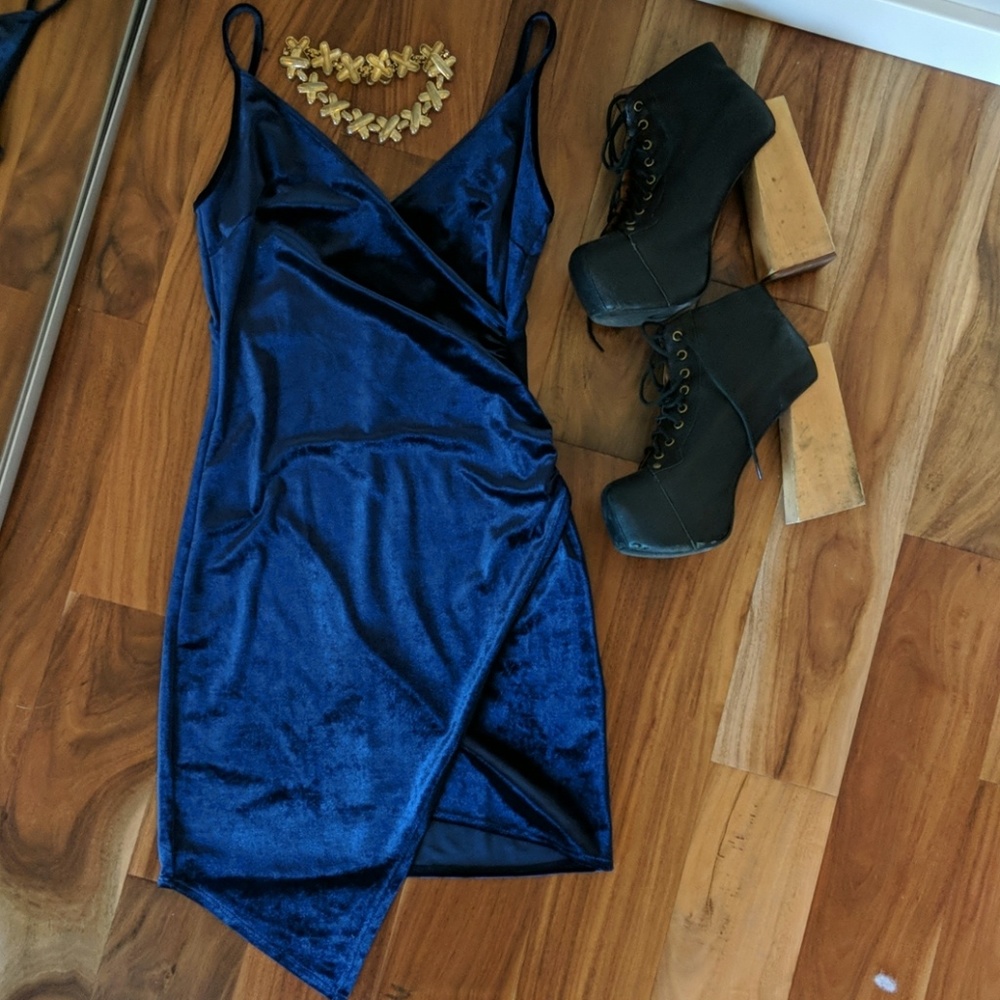 Navy blue velvet wrapped mini dress
